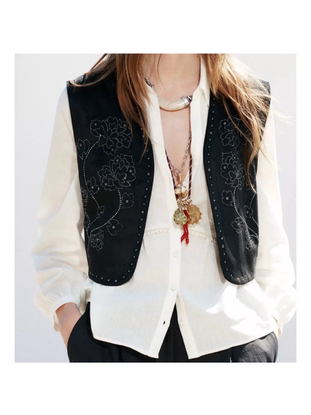 NWT Zara Black western Embroidered Suede Vest with Stud Detail sz S